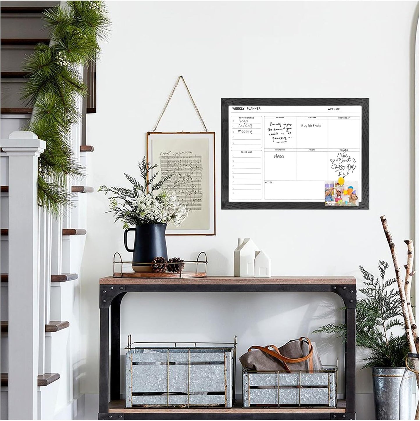 White Board Weekly Calendar Dry Erase Planner for Wall-16"X12",White Solid Wood Frame,Minimal/Modern Design, Magnetic Whiteboard Planner for to Do List, Memo, School, Home, Office, Kitchen