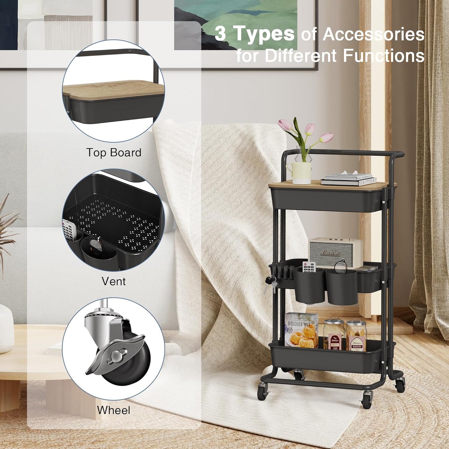 DTK 3 Tier Metal Utility Rolling Cart with Table Top and Side Bags, Tray Storage Organizer Wheels, Art Craft 4 Hooks for Kitchen Bathroom Office Living Room (Black)