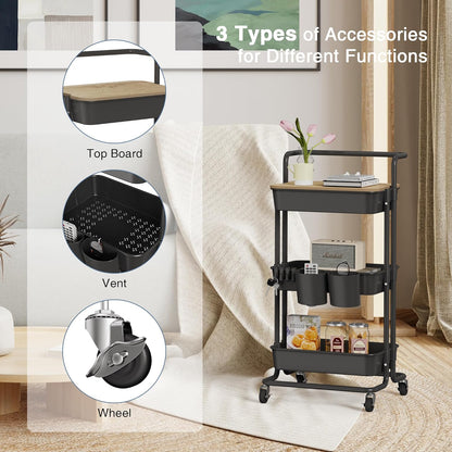 DTK 3 Tier Metal Utility Rolling Cart with Table Top and Side Bags, Tray Storage Organizer Wheels, Art Craft 4 Hooks for Kitchen Bathroom Office Living Room (Black)