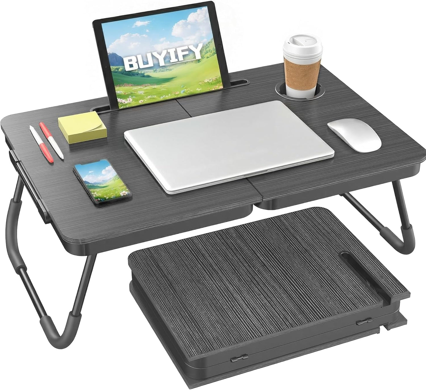 BUYIFY Foldable Laptop Bed Desk for Couch, Sofa - Large Lap Desk Tray Table with Cup Holder and Tablet Slot - Portable Notebook Stand for Eating, Writing, Studying and WFH -NEW-006-USA Original Patent
