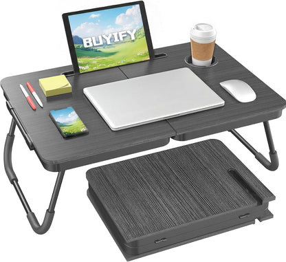 BUYIFY Foldable Laptop Bed Desk for Couch, Sofa - Large Lap Desk Tray Table with Cup Holder and Tablet Slot - Portable Notebook Stand for Eating, Writing, Studying and WFH -NEW-006-USA Original Patent