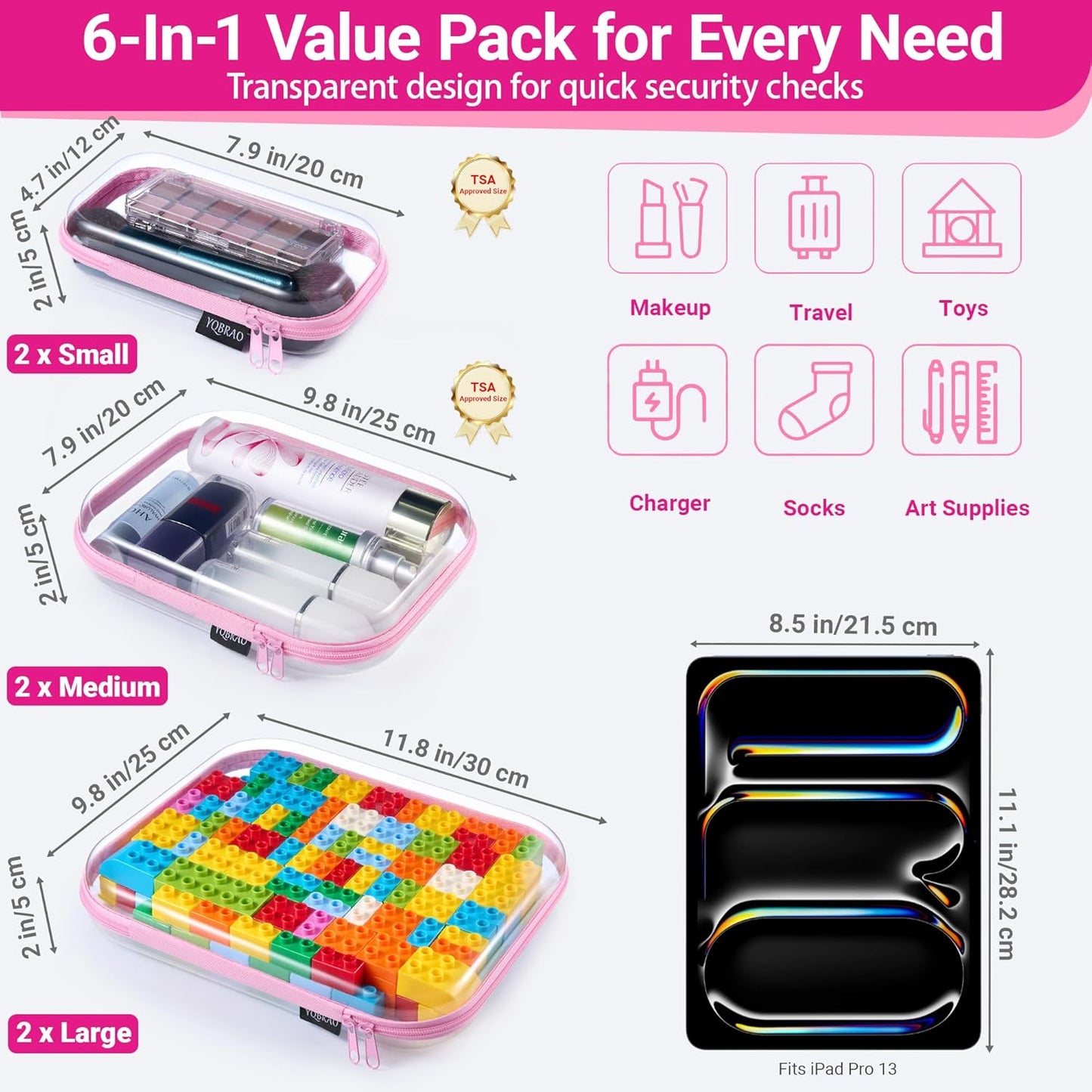 YQBRAO 6 Pack Clear Hard Shell Zipper Case, 1.2mm Heavy Duty Crush-Proof Diaper Bag Organizer Pouches, TSA Approved Travel Makeup Bag for Toiletries & Electronics, (2L, 2M, 2S) Multi-Size Storage Set