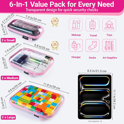 YQBRAO 6 Pack Clear Hard Shell Zipper Case, 1.2mm Heavy Duty Crush-Proof Diaper Bag Organizer Pouches, TSA Approved Travel Makeup Bag for Toiletries & Electronics, (2L, 2M, 2S) Multi-Size Storage Set