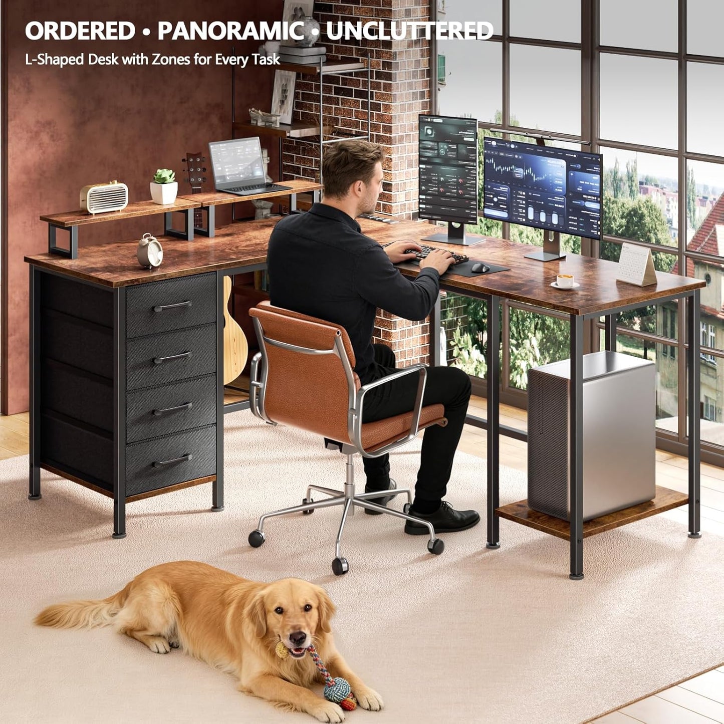 Korfile 59 inch L Shaped Computer Desk with Power Outlets, Home Office Desk with 4 Adjustable Storage Drawers & 2 Monitor Stands, Two Person Gaming Table for Bedroom, Black