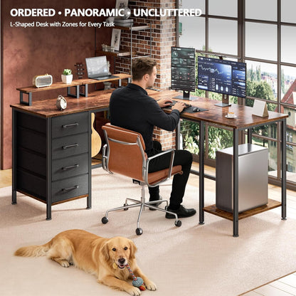 Korfile 59 inch L Shaped Computer Desk with Power Outlets, Home Office Desk with 4 Adjustable Storage Drawers & 2 Monitor Stands, Two Person Gaming Table for Bedroom, Black