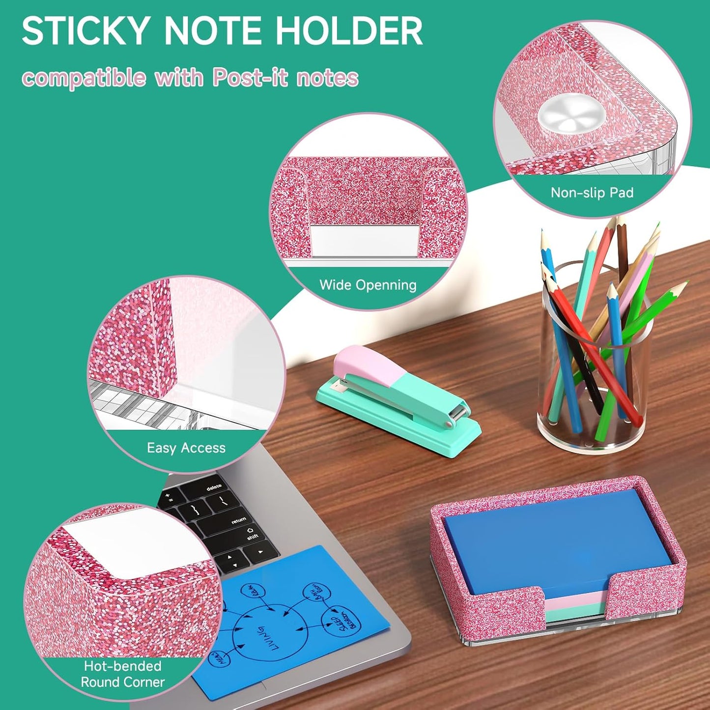Sticky Note Holder, Glitter Pink Acrylic Notepad Holder 3x3 in Self-Stick Note Dispenser Office Desk Accessories, Memo Pad Holder Organizer for Classroom School Supplies