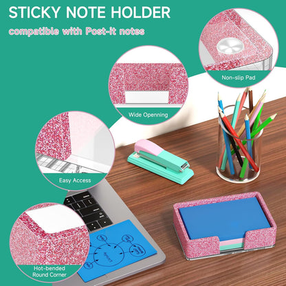 Sticky Note Holder, Glitter Pink Acrylic Notepad Holder 3x3 in Self-Stick Note Dispenser Office Desk Accessories, Memo Pad Holder Organizer for Classroom School Supplies