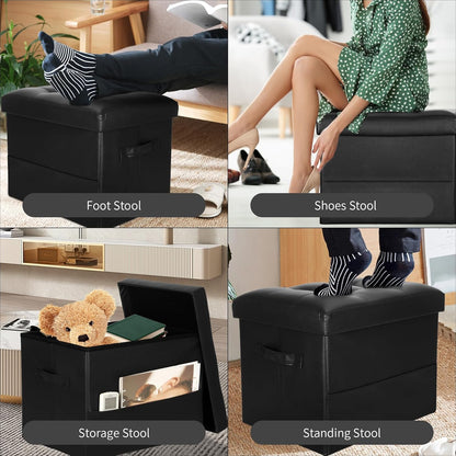 BelugaHelper Storage Ottoman Foot Rest Stool, Foldable Leather Footstool Storage Bench with Thicker Foam Padded Seat. Foot Rest Under Desk for Living Room Bedroom 350 lbs, 17x13x13 in, Brown