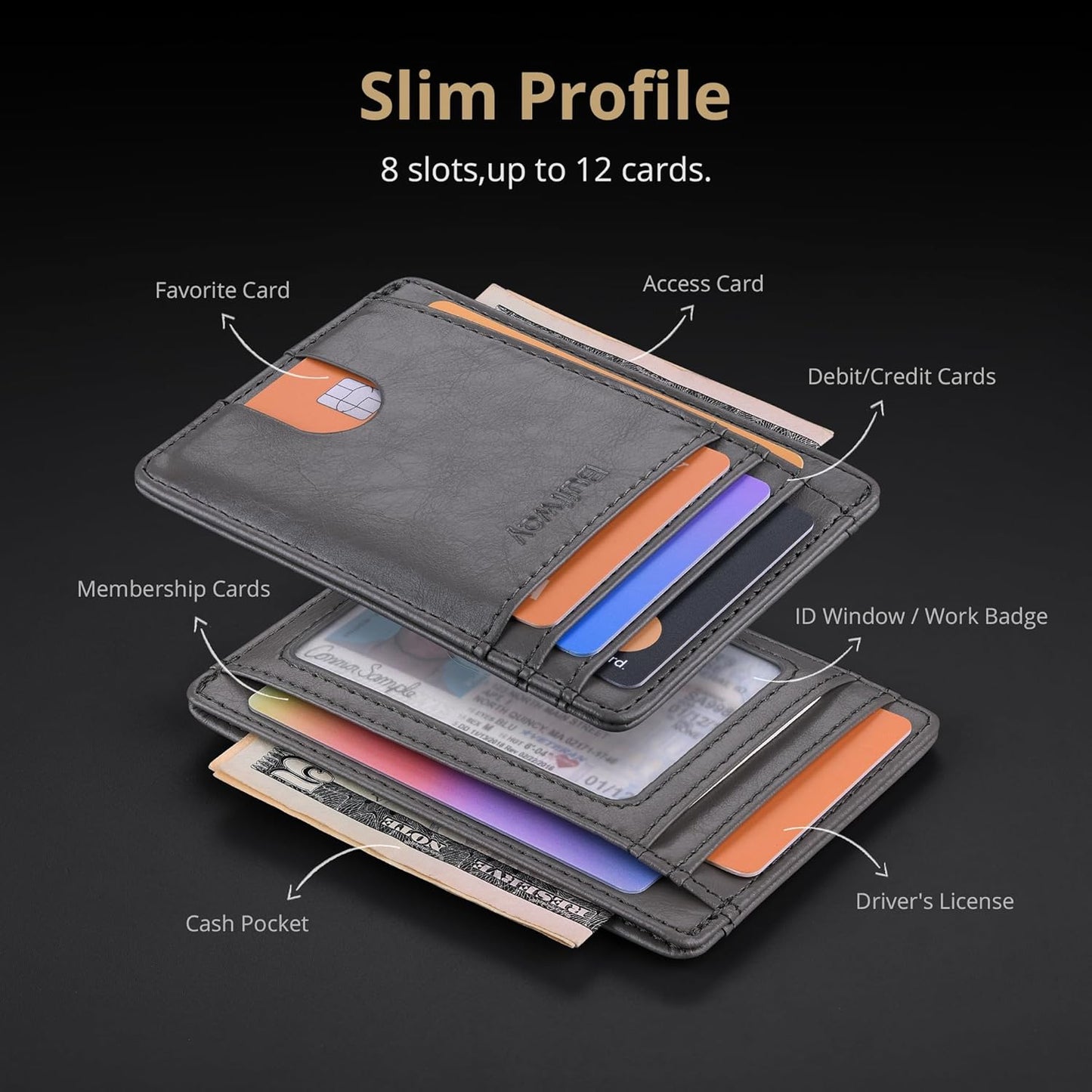 Buffway Slim Minimalist Front Pocket RFID Blocking Leather Wallets for Men and Women - Carbon Fiber Black - Colors B