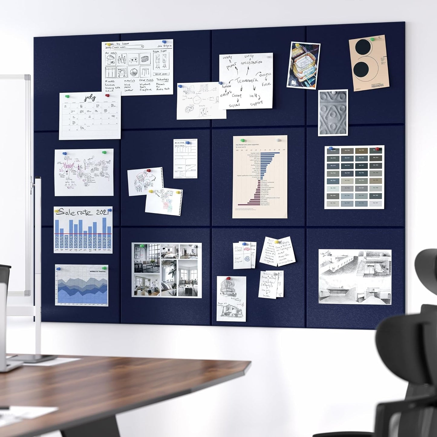 Neatsure Large Cork Board for Wall, Black Felt Bulletin Board with Pushpins, 36" x 24" 6 Panels Wall Tiles, Tack Push Pin Boards for Office