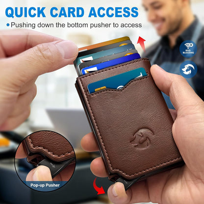 Airtag Wallet for Men,with Cash Pocket 2 ID Window 10+ Cards,Metal Case Smart Slim Pop Up Credit Card Holder Flip with Magnetic Closure RFID Blocking Trifold Leather wallet with Gift Box
