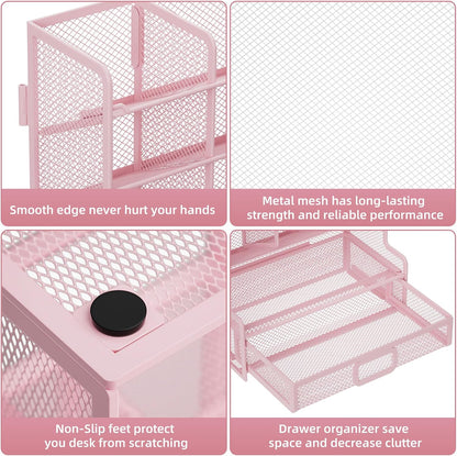 Marbrasse Larger Mesh Desk Organizer with Drawer, Multi-Functional Pen Pencil Holder, Easy Assembly, Desk Organizers and Accessories for Office Art Supplies (Black)