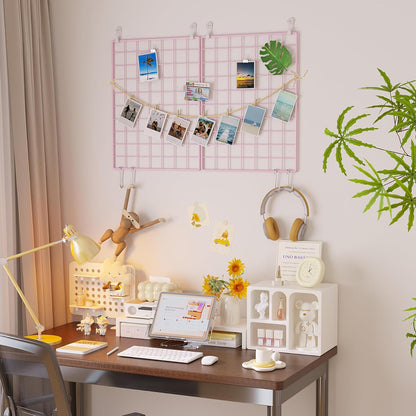 C&AHOME Photo Wall Display Set of 2, Grid Panel with Hooks, Clips, Hemp Cord, Hammer - 15.7" x 11.8", White UWWGM3402W