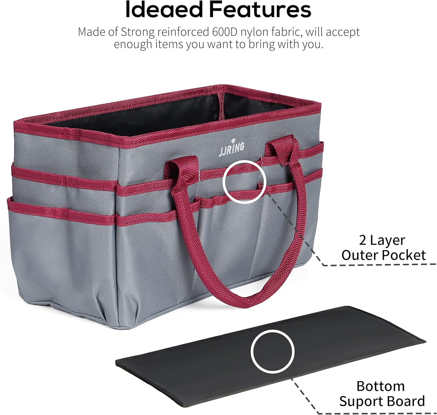 Jjring Craft and Art Organizer Tote Bag - 600D Silver Nylon Fabric Art Caddy with Pockets - for Art, Craft, Sewing, Medical, and Office Supplies Storage