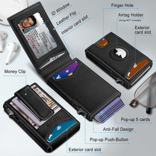 miyozi Airtag Wallet for Men Money Clip 9-Card Pop-Up Credit Card Holder with ID Window RFID Blocking Metal Case Magnetic Closure Front Pocket Wallet Gift Box | with Money Clip