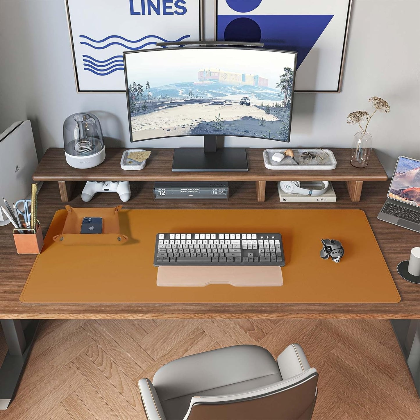 DAWNTREES Dual Sided Desk Mat,Leather Desk Pad,Brown 40"x16",Cork Desk Mat Protector,with PU Leather Valet Tray Organizer,Large Mouse Pad,Desk Writing Pad for Office and Home