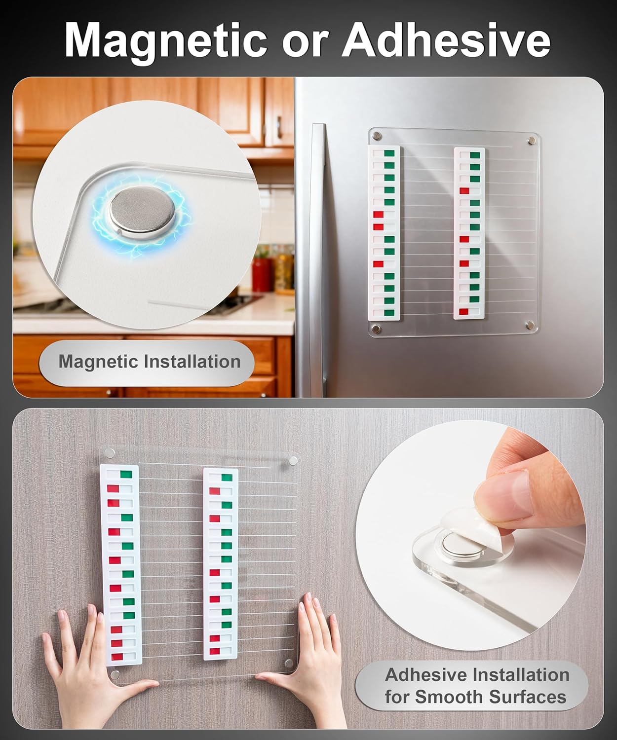 Magnetic Acrylic Dry Erase Board for Fridge, to Do List White Board with Sliding Buttons, 12"X8.2" Clear Chore Chart for Adults, Reusable Refrigerator Whiteboard Includes 5 Markers (White Line)