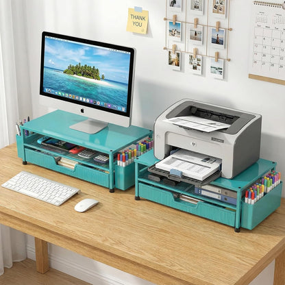 ECOLOVI Desk Organizer and Accessories, 2-Tier Computer Monitor Stand Rise with Storage Drawer & 2 Pen Holders, Laptop & Printer Stand for Desktop, Workspace Organizers for Office Supplies (Brown)
