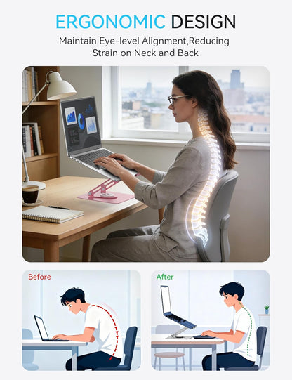 SOUNDANCE 360 Rotating Laptop Stand, Ergonomic Computer Riser for Desk, Adjustable Height Multi-Angle Metal Holder, Foldable Portable Notebook Elevating Base for Office & Home, White