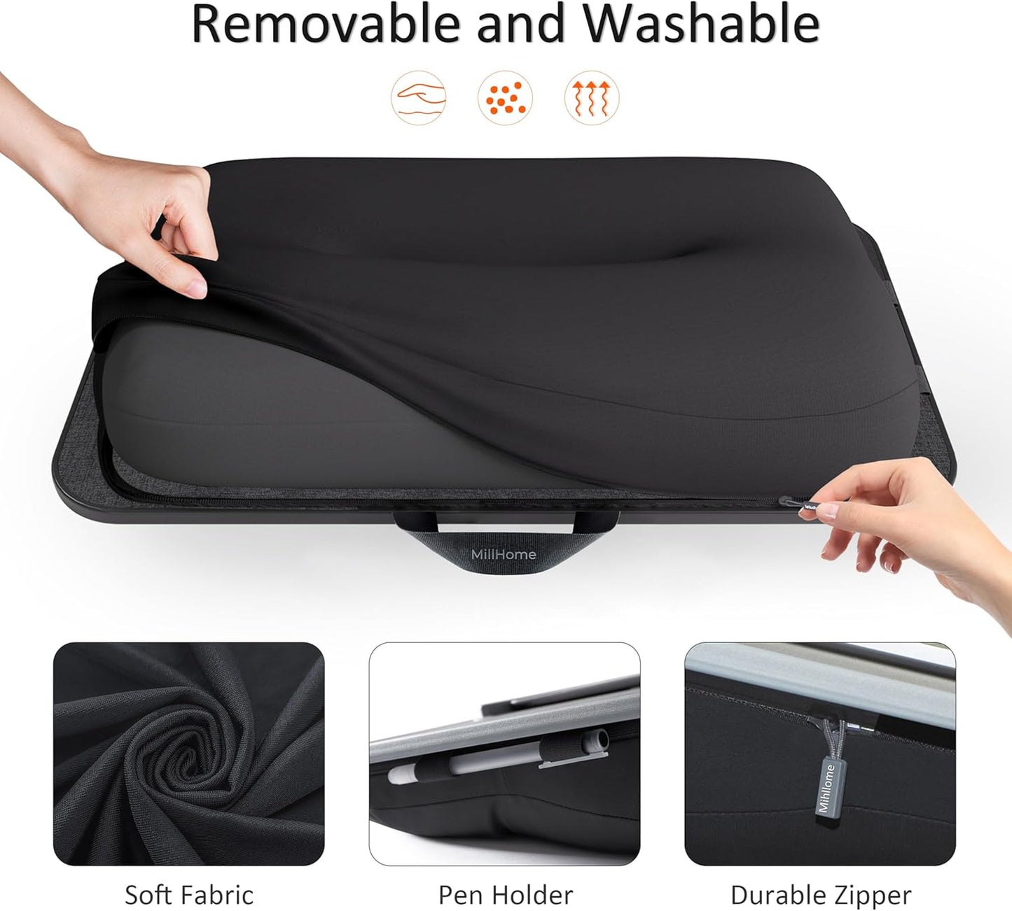 Lap Desk with Cushion, Fits up to 17 inch Laptop, Pillow Designed, Portable Laptop Stand with Tray, Pad & Phone Holder, Home Office for Bed/Couch/Car/Reading/Writing,MillHome (Black)