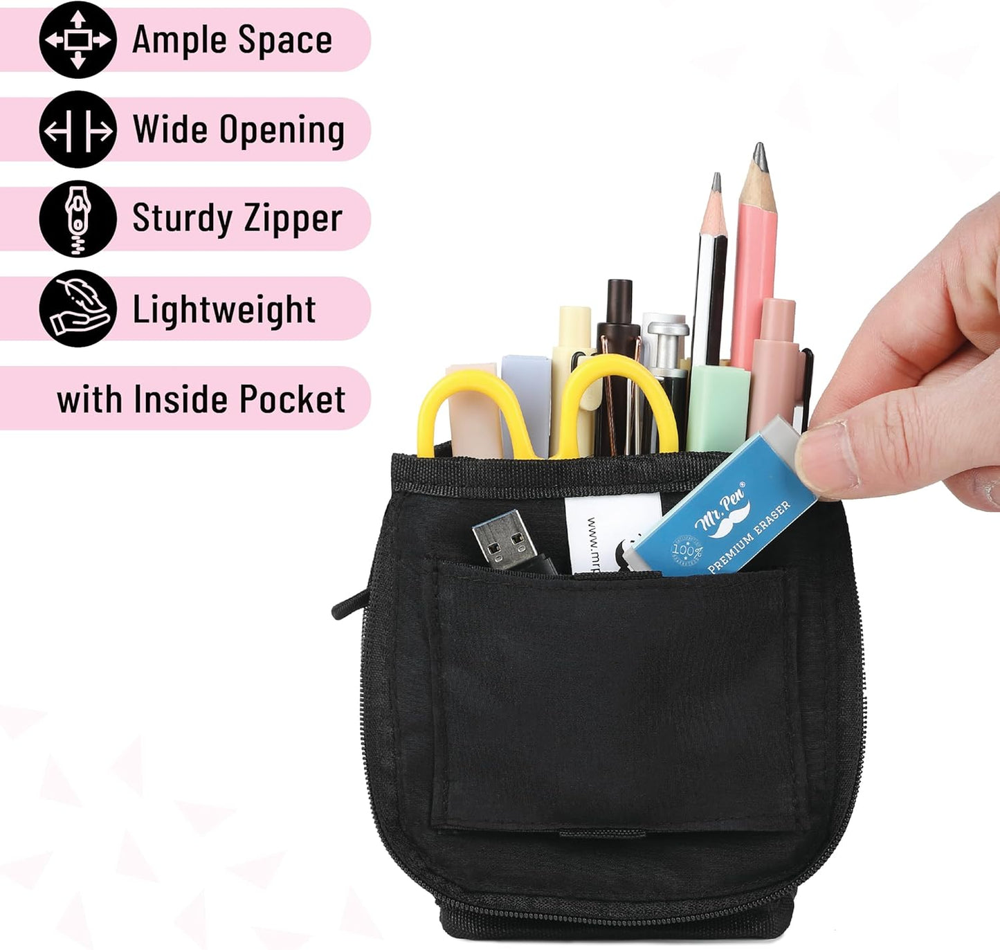Mr. Pen- Standing Pencil Case Pouch, Sit & Lay Mesh-View Design, Black & Gray, Interior Pocket & 2 Elastic Binder Loops, Cute Pencil Case for Girls and Boys