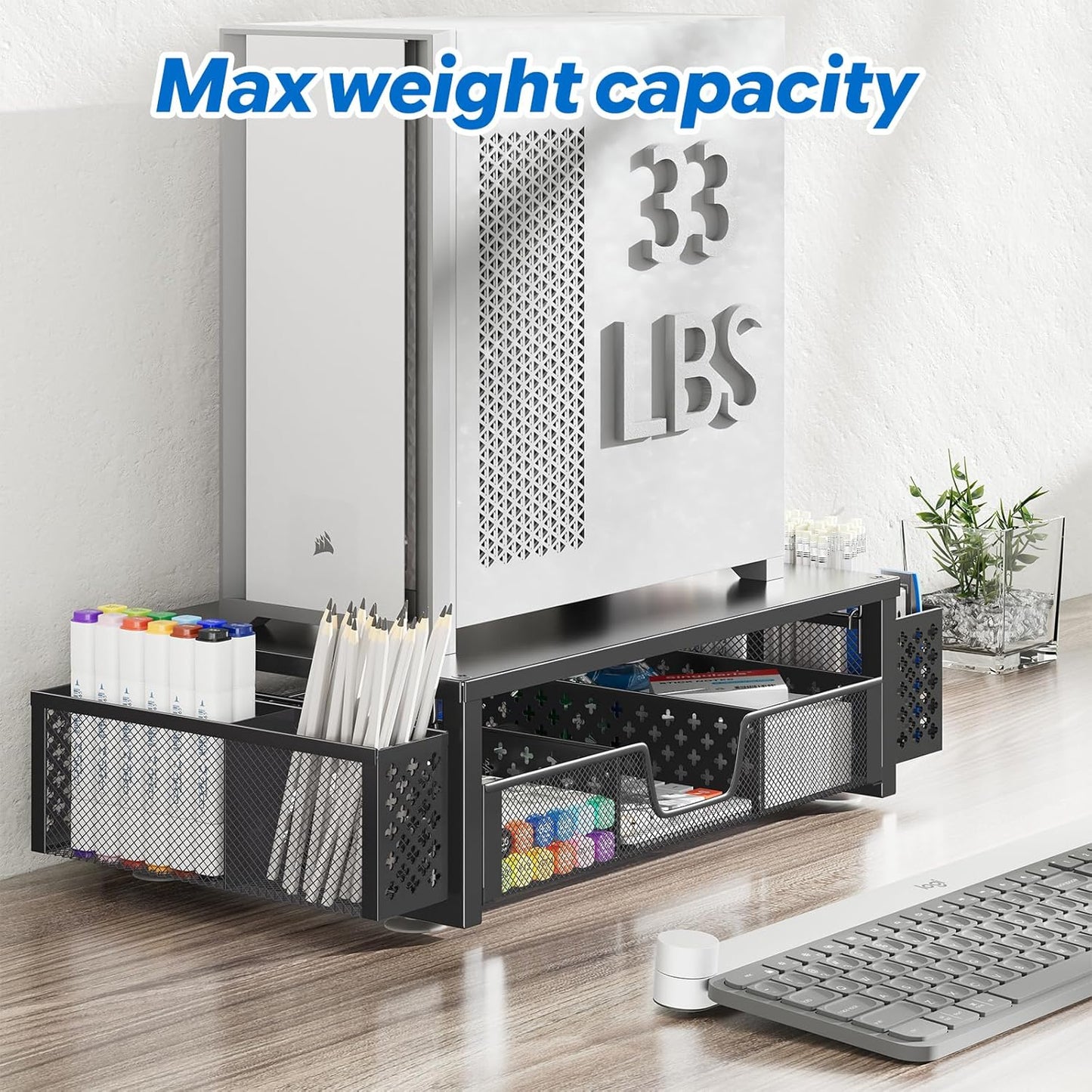 Simple Trending Desk Organizer and Accessories, 2 Tier Computer Metal Monitor Stand Riser with Drawer and Pen Holder for Laptop, Computer, iMac, Black