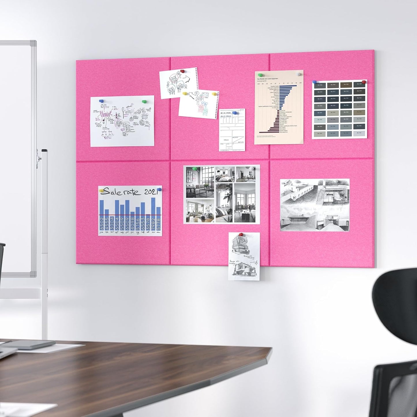 Neatsure Large Cork Board for Wall, Black Felt Bulletin Board with Pushpins, 36" x 24" 6 Panels Wall Tiles, Tack Push Pin Boards for Office