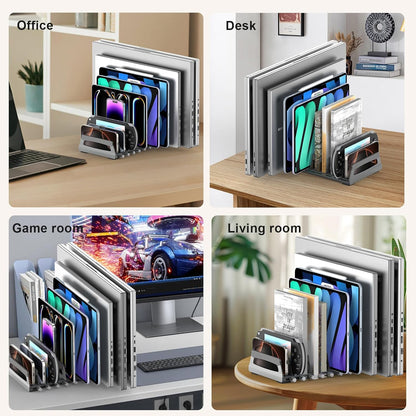 Elestoria 10-Slot Vertical Laptop Stand & Holder – Adjustable Aluminum Laptop Stand Vertical for Desk Fits 10 Devices, MacBook & Gaming Laptops (Up to 17.3”) – Space Saving Laptop Storage Rack - Grey