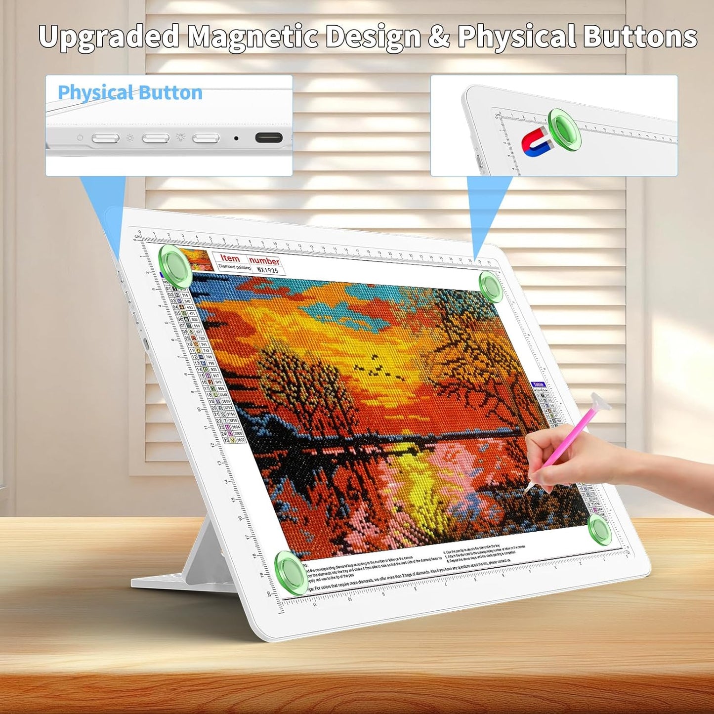 TOHETO Rechargeable A4 Light Board with Stand, Super Bright Magnetic Light Pad with Side Buttons, Wireless Light Box for Tracing and Drawing, Cordless LED Light Table for Diamond Painting, Sketching