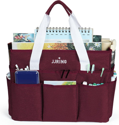 JJRING Craft Organizer Tote Bag for Art Storage, Caddy with Multiple Pockets, Bluish Green Sewing Bag for Scrapbooking, School, Medical, and Office Supplies