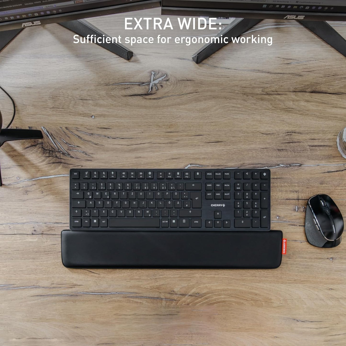 CHERRY PALMREST Ergo, Extra-Wide Ergonomic Wrist Rest, Compatible with Any Keyboard, Extendable Feet, 3 Different Tilt Angles, Comfortable, Non-Slip Bottom, Black