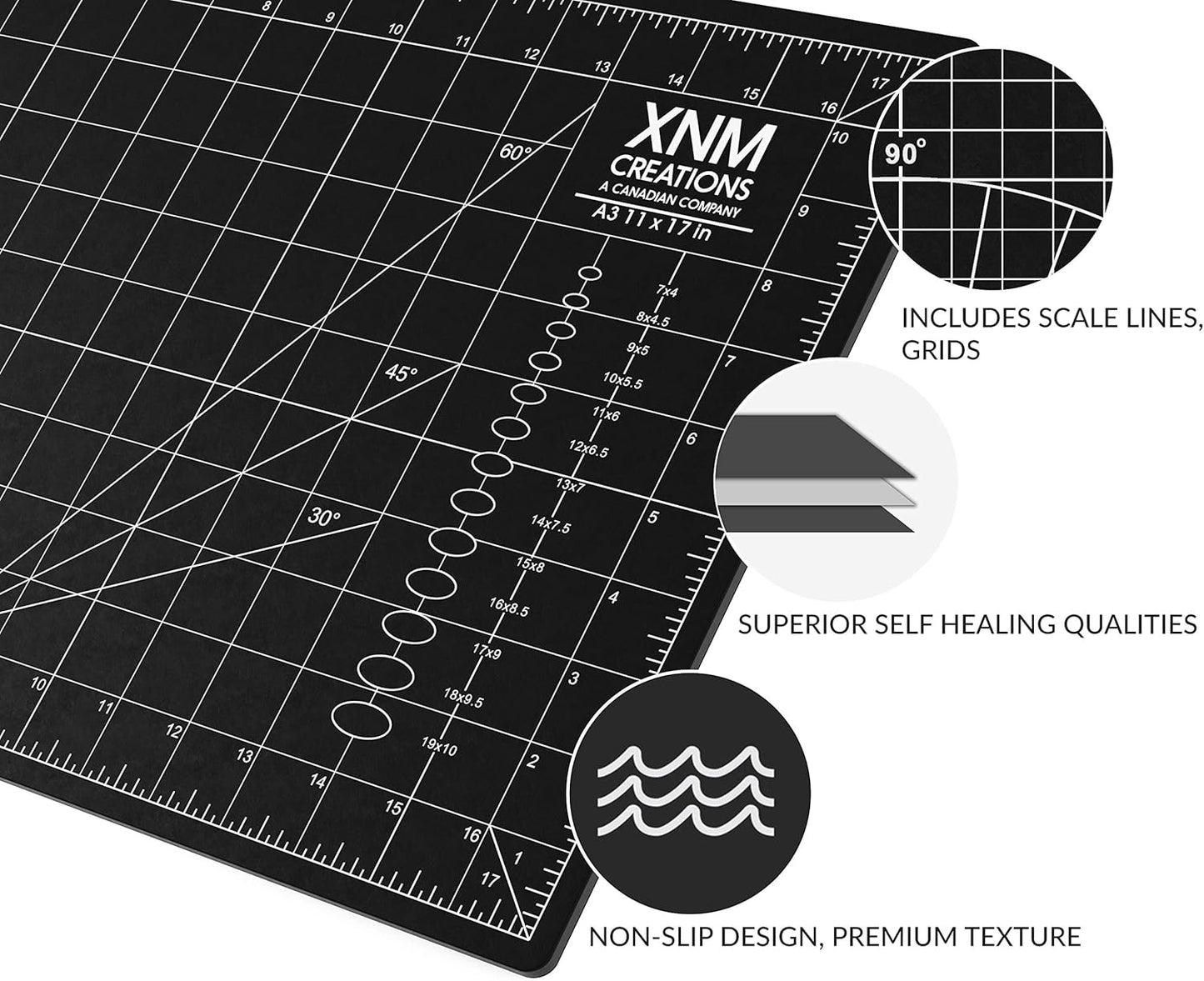 XNM Premium Self Healing Cutting Mat - 18 Inches by 24 inches - A2, 3 Layer Quality PVC Construction - Dual Sided, Imperial and Metric Grid Lines - Perfect for Cutting, Sewing, and Crafts