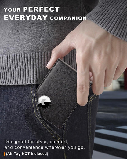 Men's Wallet with Airtag Holder, Bifold Full-Grain Leather Wallet for Apple Air Tag (1st & 2nd Generation), Slim Wallet for Men with RFID Blocking, 11 Card Slots