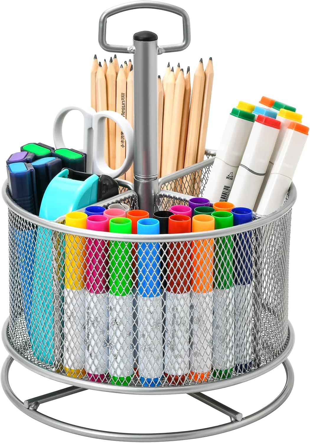 Marbrasse Mesh Desk Organizer, 360-Degree Rotating Multi-Functional Pen Holder, 4 Compartments Desktop Stationary Organizer, Home Office Art Supply Storage Box Caddy (Black)