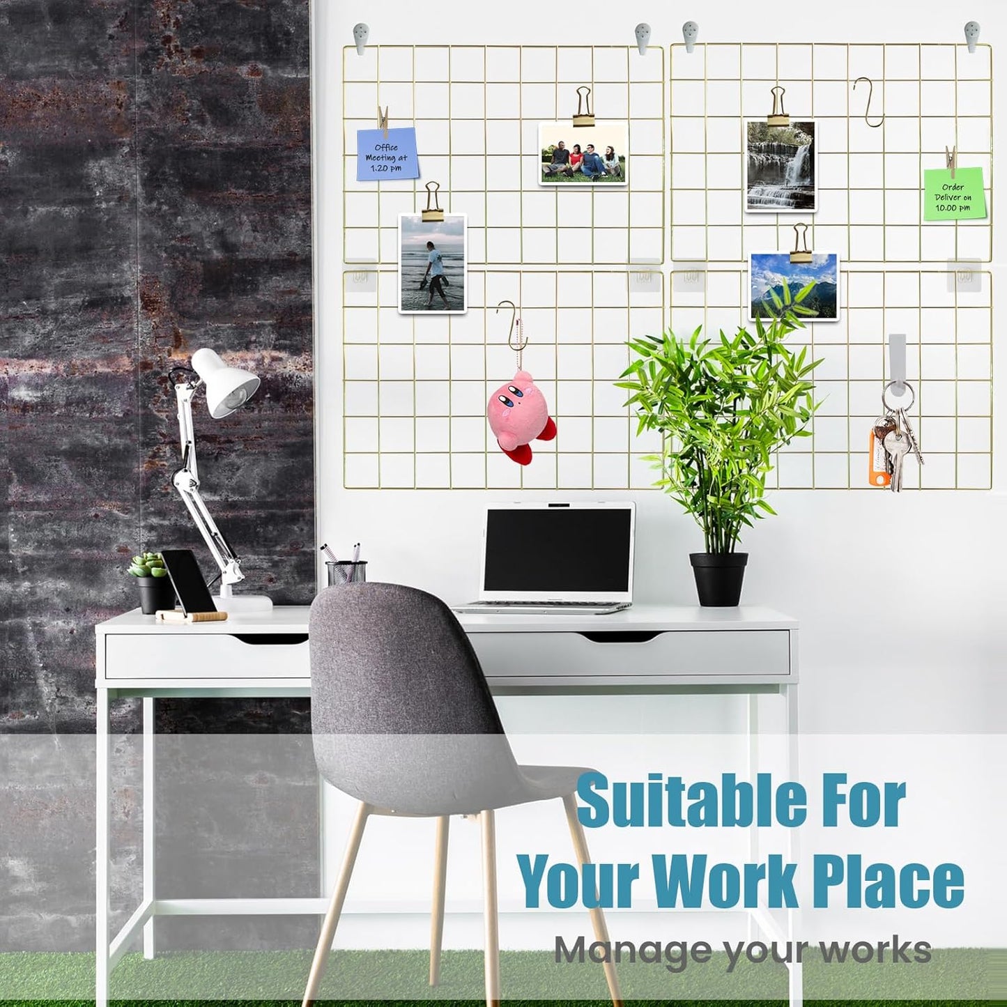 CIKLCIX Metal Grid Wall Panel, Wire Grid Photo Display Organizer, 17.3"×11.8" Gold Wire Board Grid Wall, Grid Picture Frame, 2-Pack Wire Mesh Memo Board With Clips and Hooks