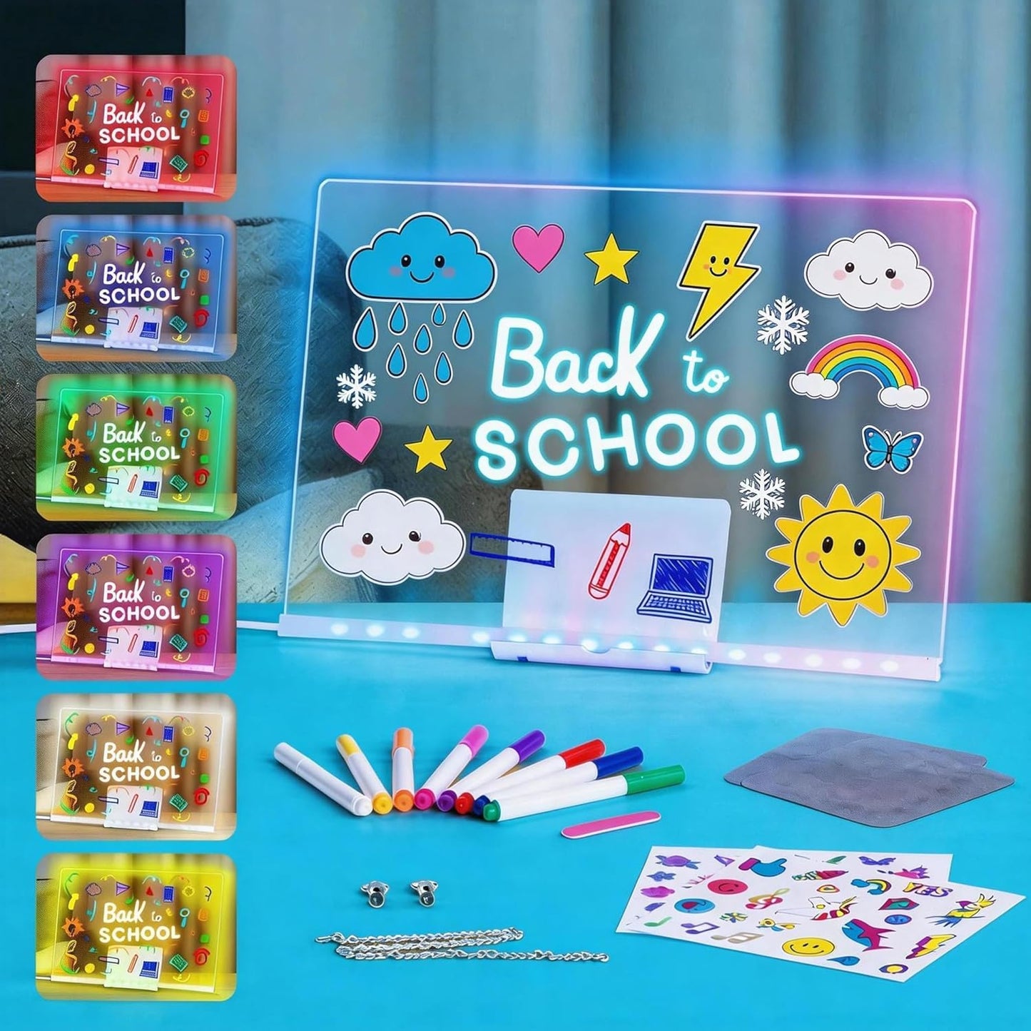 LED Drawing Board, 13.8"X10", Acrylic Note Board with Colors, Include Adapter, Acrylic Dry Erase Pad with Light 4 Modes & 7 Colors, 8 Markers, Stand, Hanging Chain, 2 Gel Clings, Holiday Gift