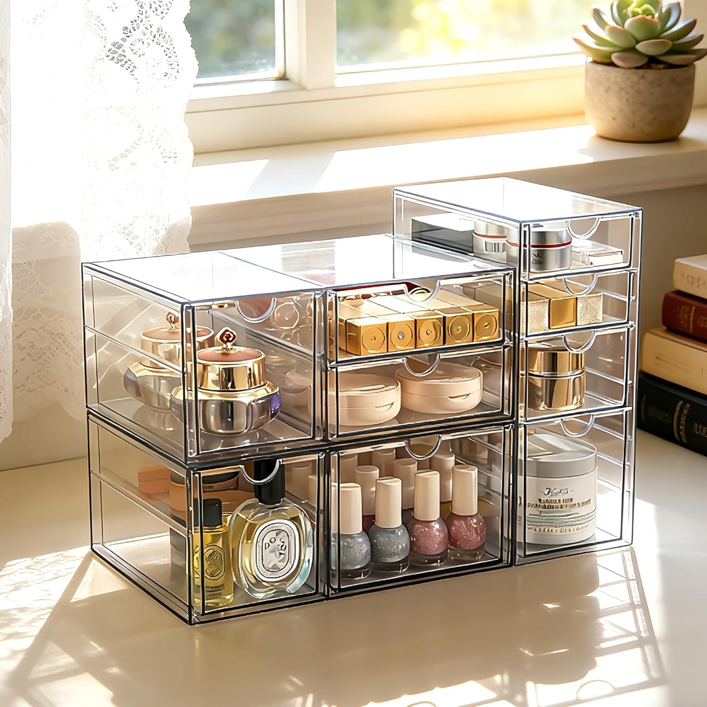 Prsildan Acrylic Drawer Makeup Organizer with 6 Drawers (Not for Baby Bottle), Set of 2 Office Desk Organizers Accessories, Clear Stackable Storage Drawers for Vanity, Craft (Largest Drawer 4" Tall)