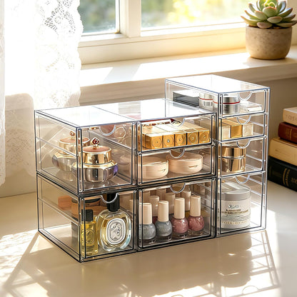 Prsildan Acrylic Drawer Makeup Organizer with 6 Drawers (Not for Baby Bottle), Set of 2 Office Desk Organizers Accessories, Clear Stackable Storage Drawers for Vanity, Craft (Largest Drawer 4" Tall)