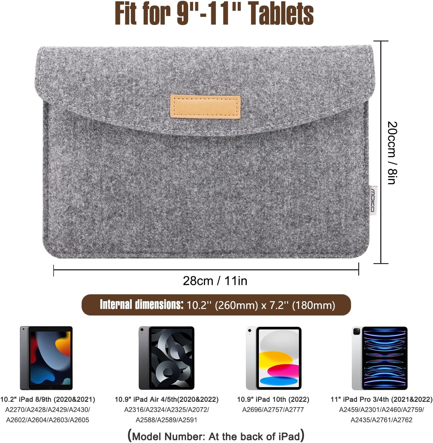 MoKo 9-11 Inch Felt Tablet Sleeve Bag Carrying Case Fits with New 11-inch iPad Air M2, New 11-inch iPad Pro M4, iPad 10th Gen 10.9, iPad 9/8/7th 10.2, iPad Air 5/4th 10.9, iPad 9.7 - Dark Gray