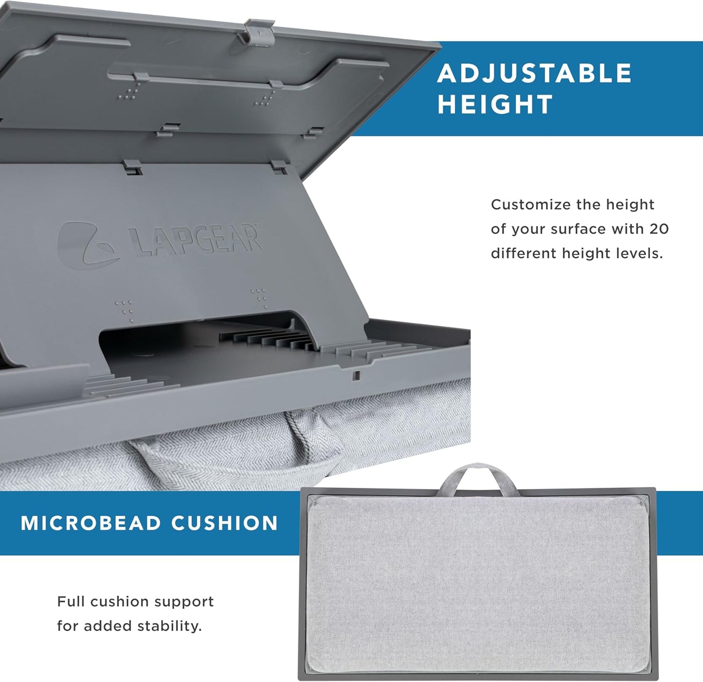 LAPGEAR Ergonomic Pro 2.0 Lap Desk with 9 Adjustable Heights, Built-in Mouse Pad & Phone Slot – Full Microbead Cushion, Storage Pocket – Fits Laptops up to 15.6" – Dusty Rose – Style No. 49504