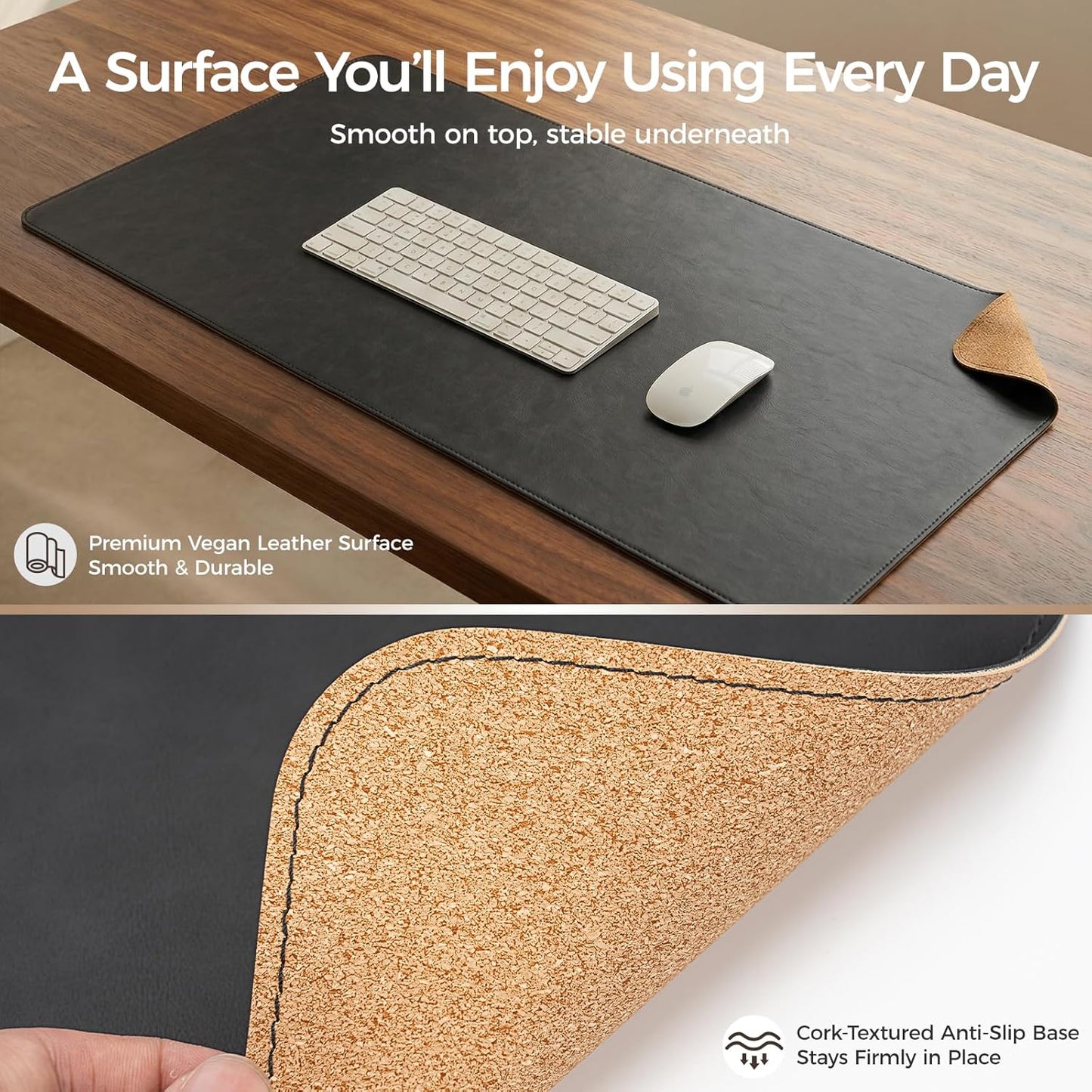 Premium Faux Leather Desk Mat & Tray Set，Innovative Cork-Look Printed Base，Gift Tube Packaging，Full-Desk Coverage，Non-Slip Desk Pad for Office Home（Olive Green）