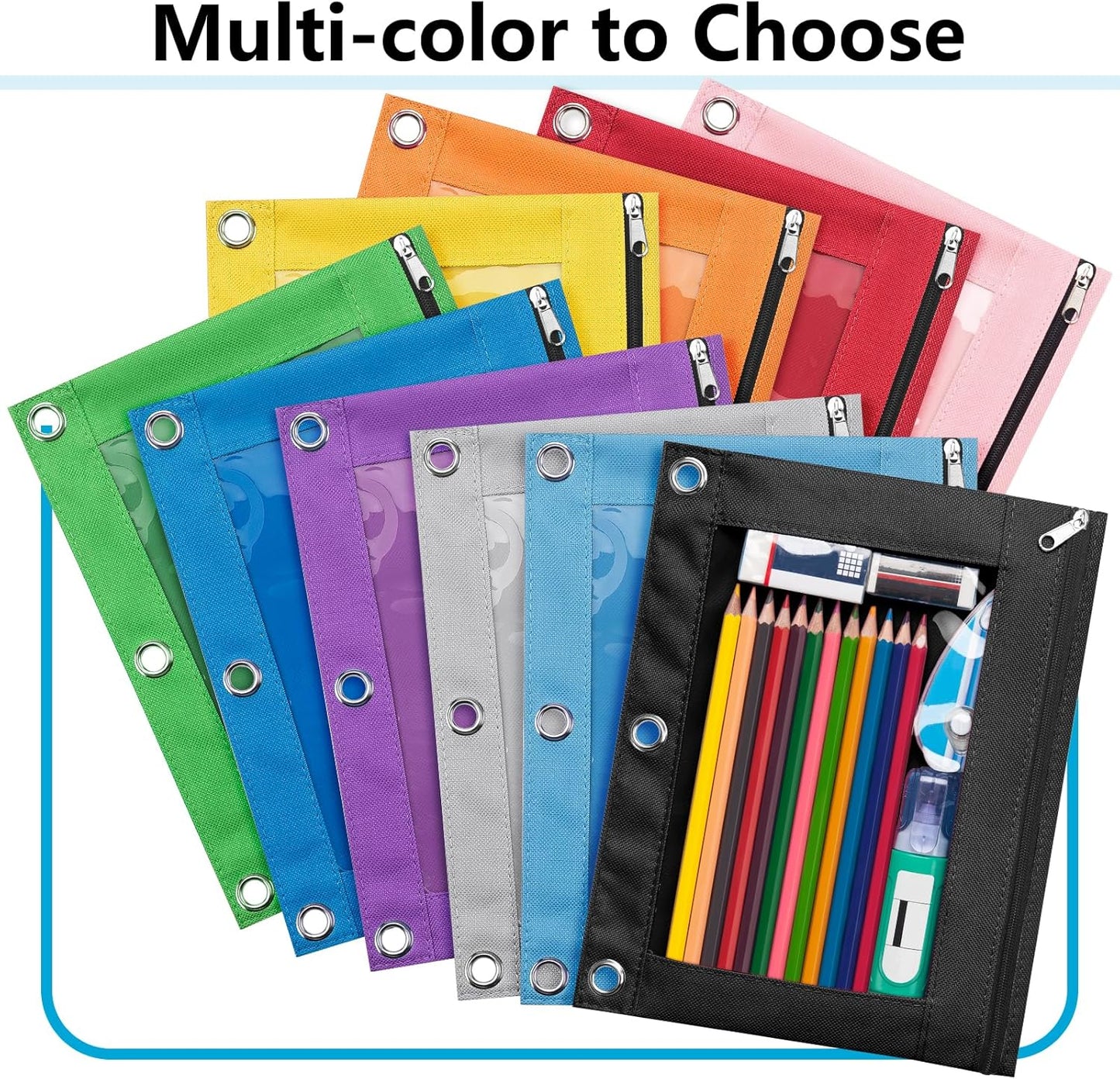 Forvencer Pencil Pouch for 3 Ring Binder, Large Pencil Case Pouch with 3 Reinforced Grommets, Pen Bag, Clear Window Pencil Case, Binder Accessories, Black