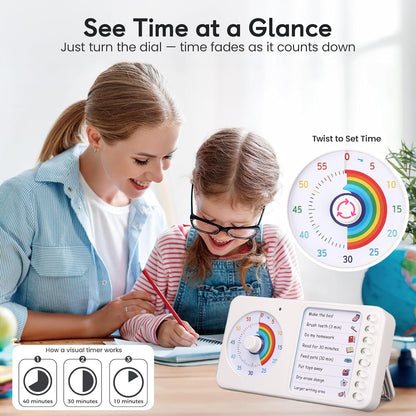 2-in-1 Visual Timer with Task Board for ADHD & Autism, Dry Erase Chore Chart and Visual Schedule for Kids & Adults, Rainbow Countdown Timer for Classroom, Home, Homeschool (White)