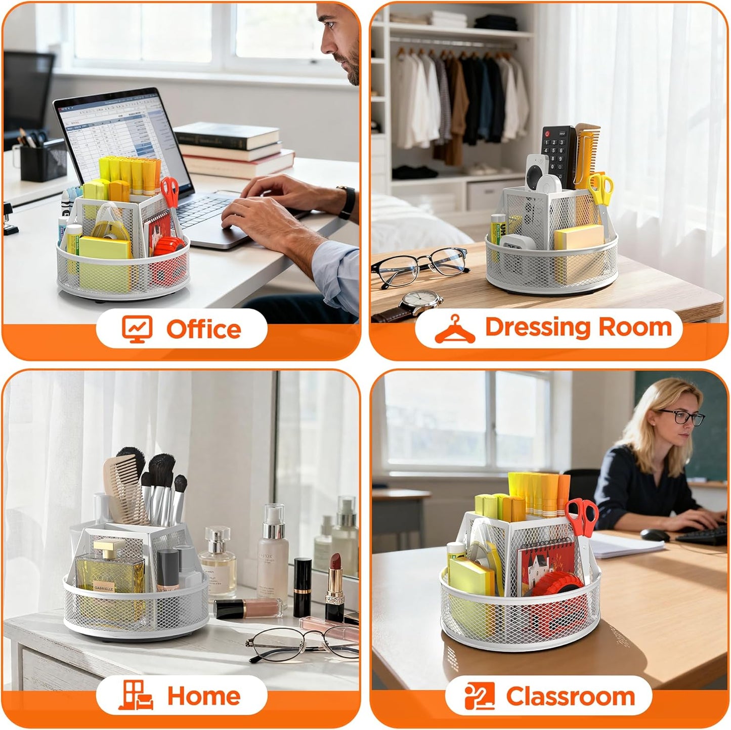 Docnest 360° Rotating Pen Holder,Heavy-Duty Metal Mesh Desk Organizer with 6 Compartments for Pencils,Scissors & Markers –Space Saving Office Supply for Teachers, Students & Home Desk-Black
