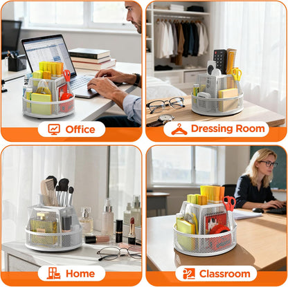 Docnest 360° Rotating Pen Holder,Heavy-Duty Metal Mesh Desk Organizer with 6 Compartments for Pencils,Scissors & Markers –Space Saving Office Supply for Teachers, Students & Home Desk-Black