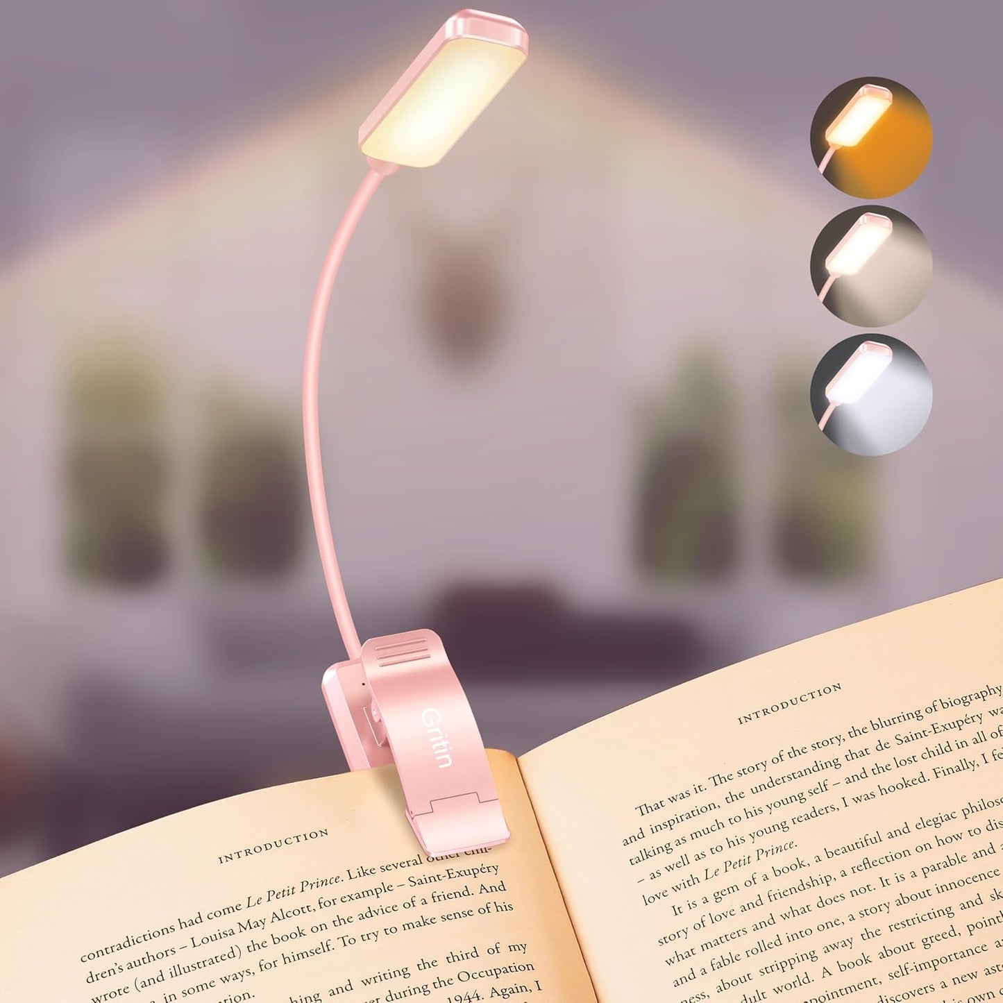 Gritin 9 LED Rechargeable Book Light for Reading in Bed - Eye Caring 3 Color Temperatures,Stepless Dimming Brightness,80 Hrs Runtime Small Lightweight Clip On Book Reading Light for Studying