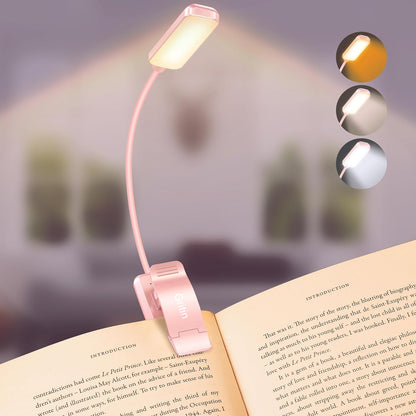 Gritin 9 LED Rechargeable Book Light for Reading in Bed - Eye Caring 3 Color Temperatures,Stepless Dimming Brightness,80 Hrs Runtime Small Lightweight Clip On Book Reading Light for Studying