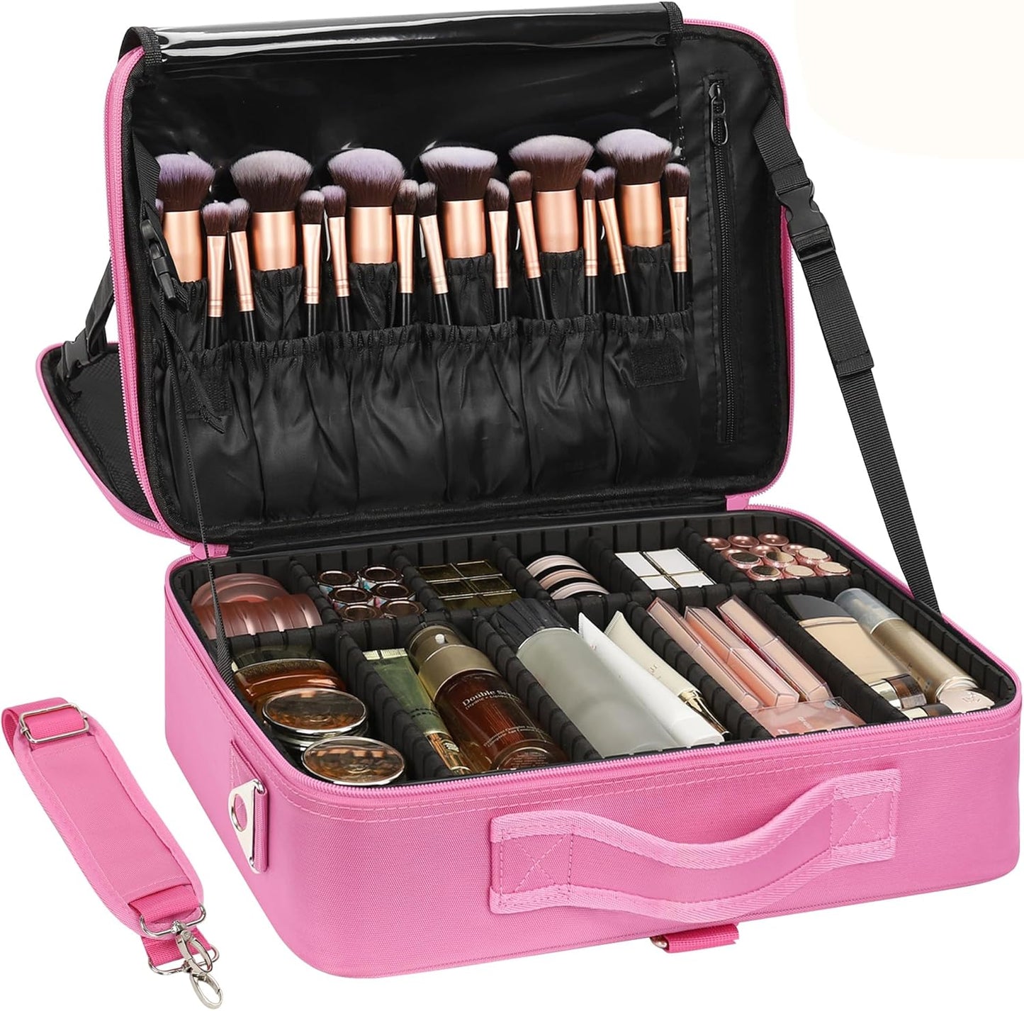 Relavel Makeup Case Large Makeup Bag Professional Train Case 16.5 inches Travel Cosmetic Organizer Brush Holder Waterproof Makeup Artist Storage Box, 3 Layer Large Capacity, with Adjustable Strap