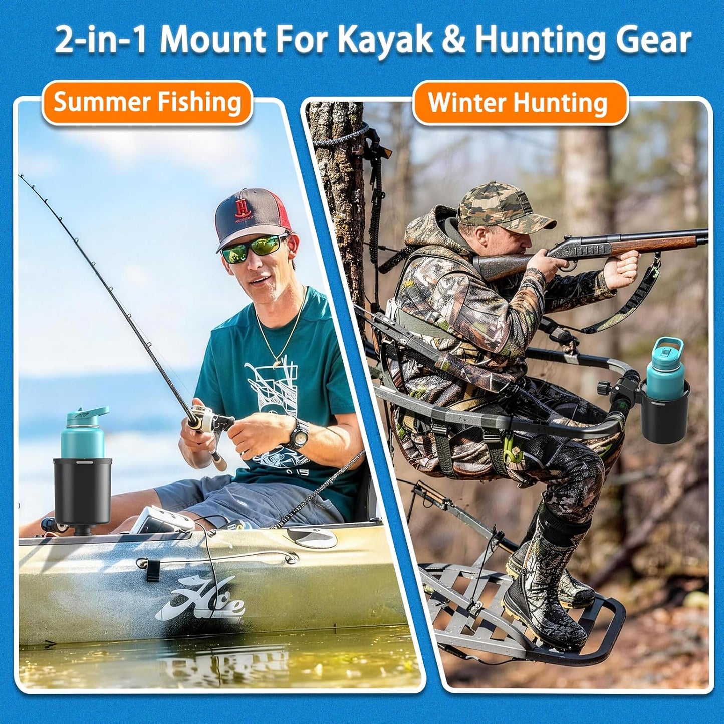 Upgraded Kayak Cup Holder with Track & Clamp Mount, 360° Adjustable Cup Holder Fits 12oz-40oz Tumblers, 2-in-1 Cup & Storage Bin for Kayak Fishing, Tree Stand Hunting, Fits Round & Square Rods