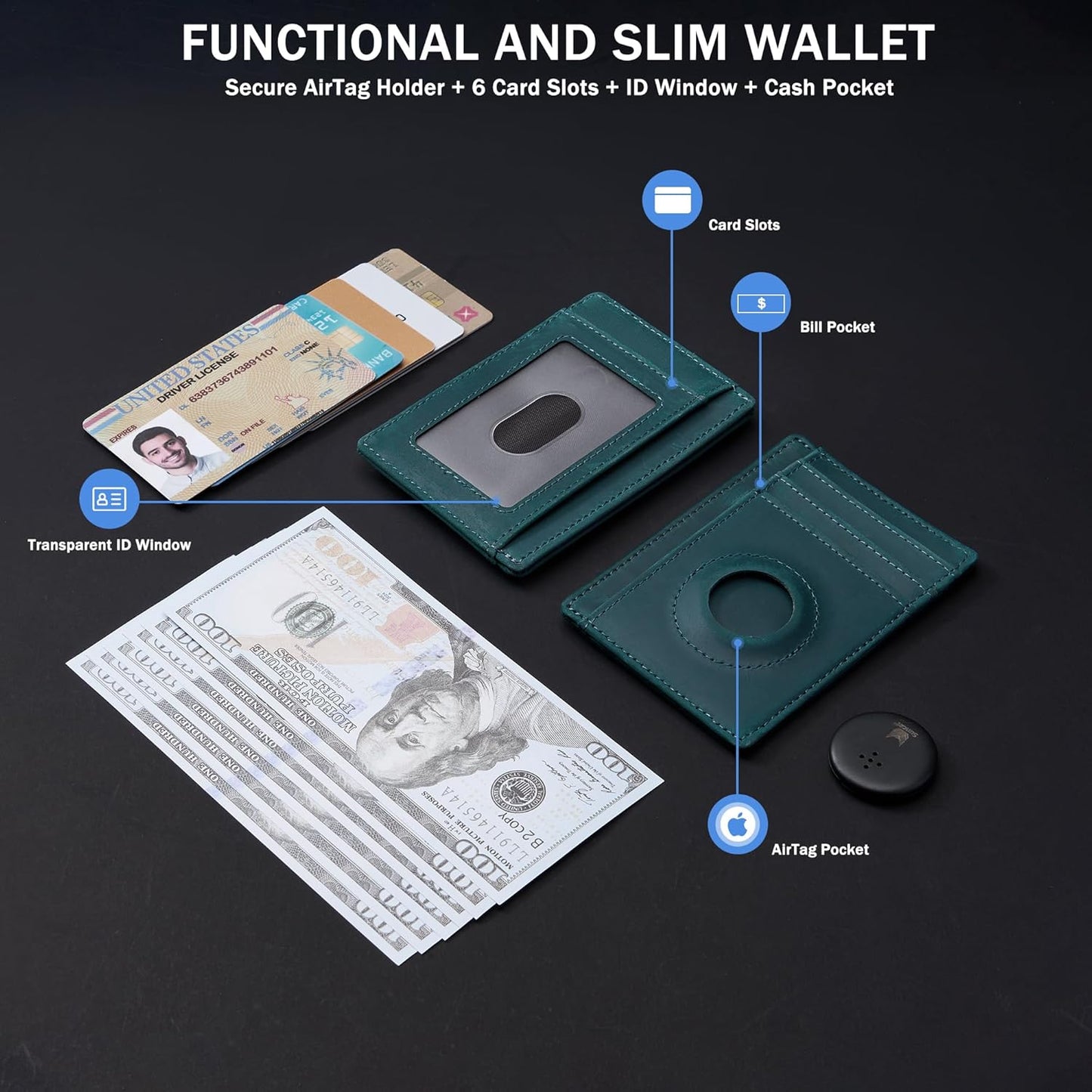 Wallet with Airtag Holder Genuine Leather Wallets Slim Minimalist Card Holder RFID Blocking Card Wallet Compatible with AirTag